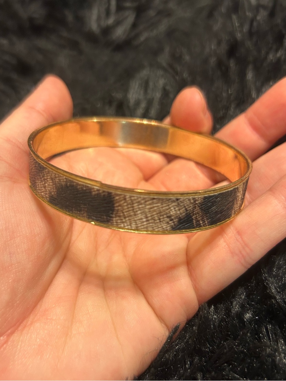 Gold Tone Animal Print Bangle Bracelet Brown Black Pattern Wide Cuff